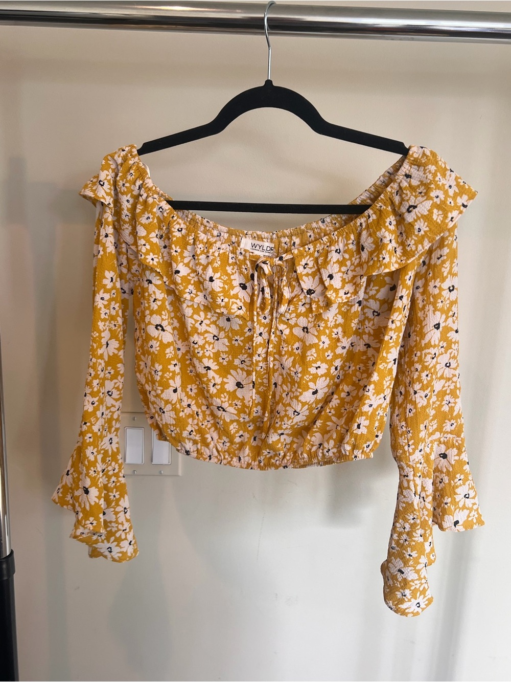 WYLDR Mustard Yellow Floral Off-the-Shoulder Crop Top